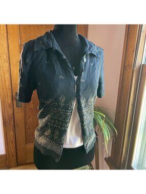 Vintage 90s Black Lotus Print Babydoll Top Button Up Shirt Boho Festival Women S